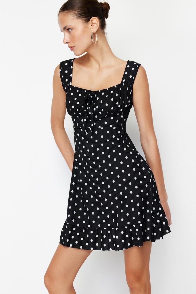 Women's Fashion New Dress Black001 Square Collar Flounce A-Line Mini Knitted Mini Dress