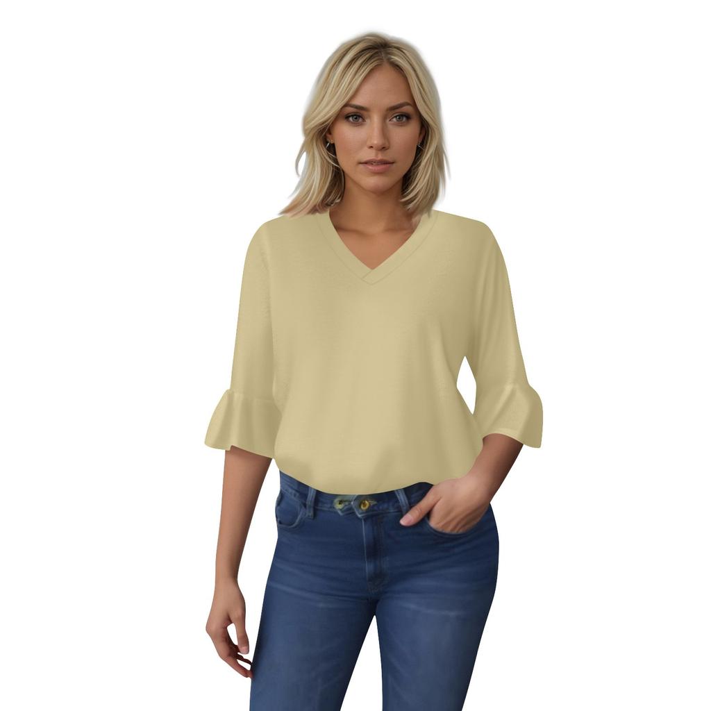 Women's Casual 3/4 Sleeve Top Summer V-neck Puffy Sleeve T-shirt Top
