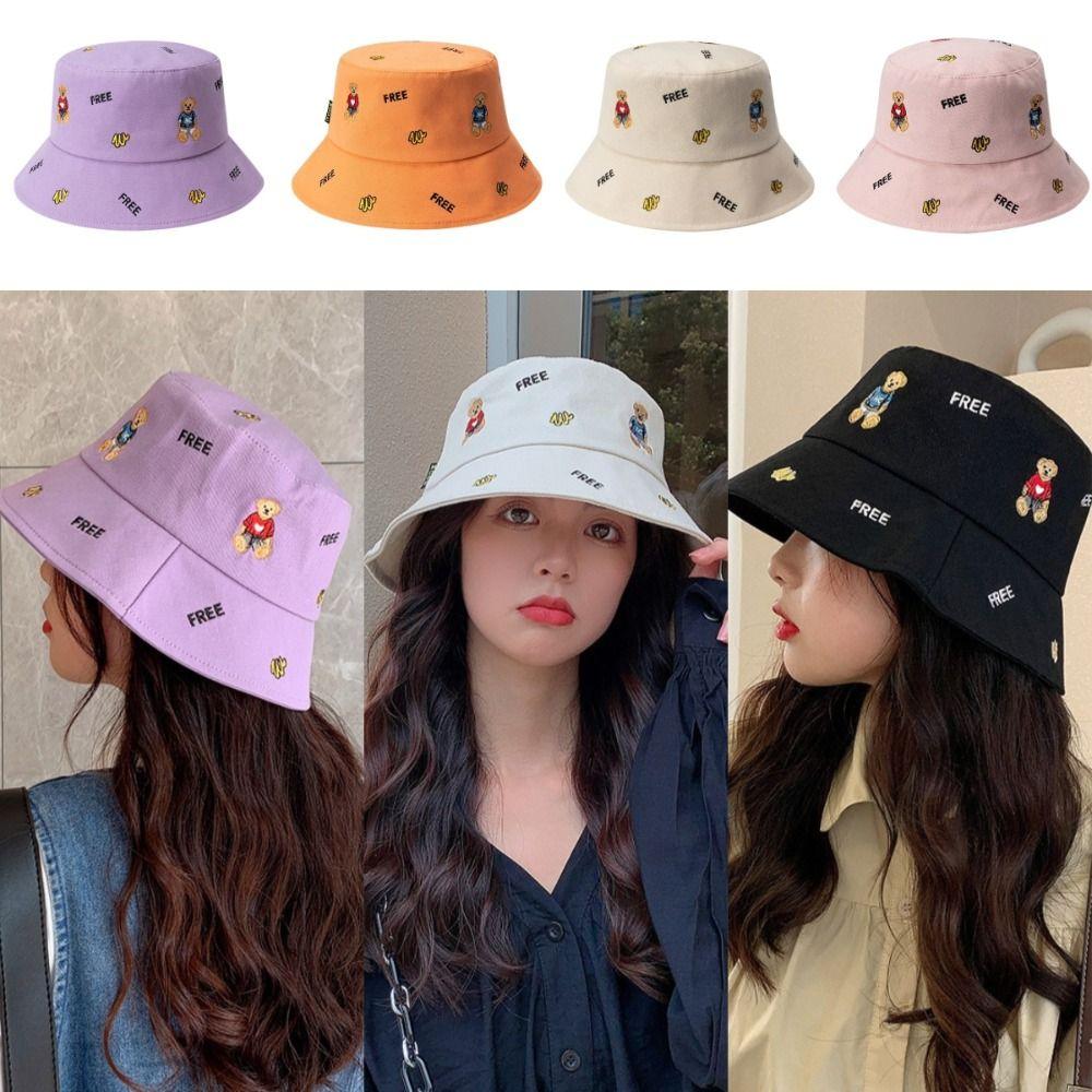 Little Bear Fisherman Hat Bear Print Sunshade Bucket Hat Leisure Flat Top Cap Men