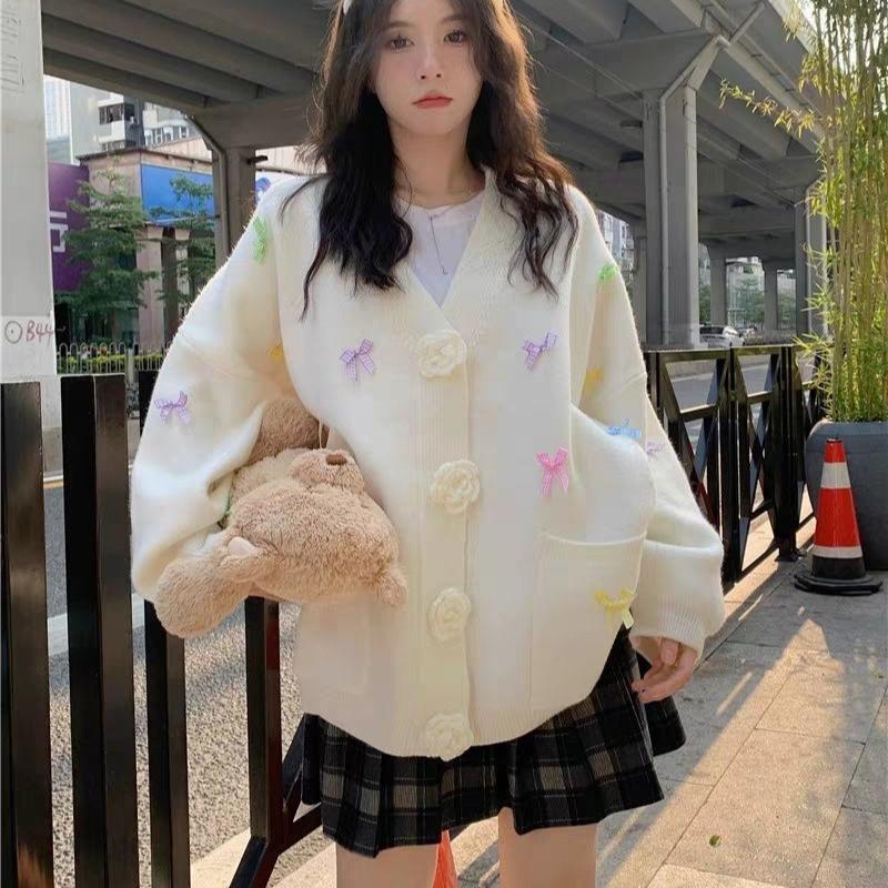 3D цветочный кардиган для женщин однотонный длинный рукав свободный бант женский свитер V-образный вырез повседневная женская верхняя одежда топы