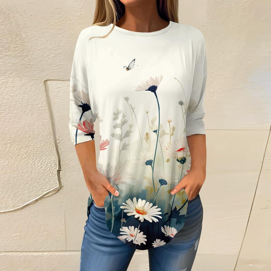 Women's Loose Round Neck Print 3/4 Sleeve T-Shirt Top Pullover