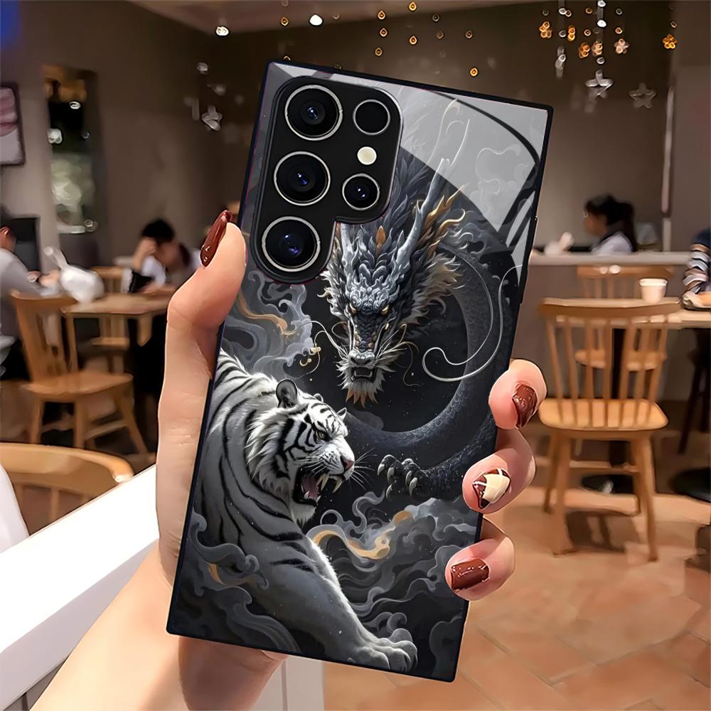 Стеклянный чехол для телефона с узорами льва и тигра для SamsungGalaxy S26 S25 S24 S22 S23 Ultra S21 S20 Plus 5G Матовый Нескользящий Полное покрытие