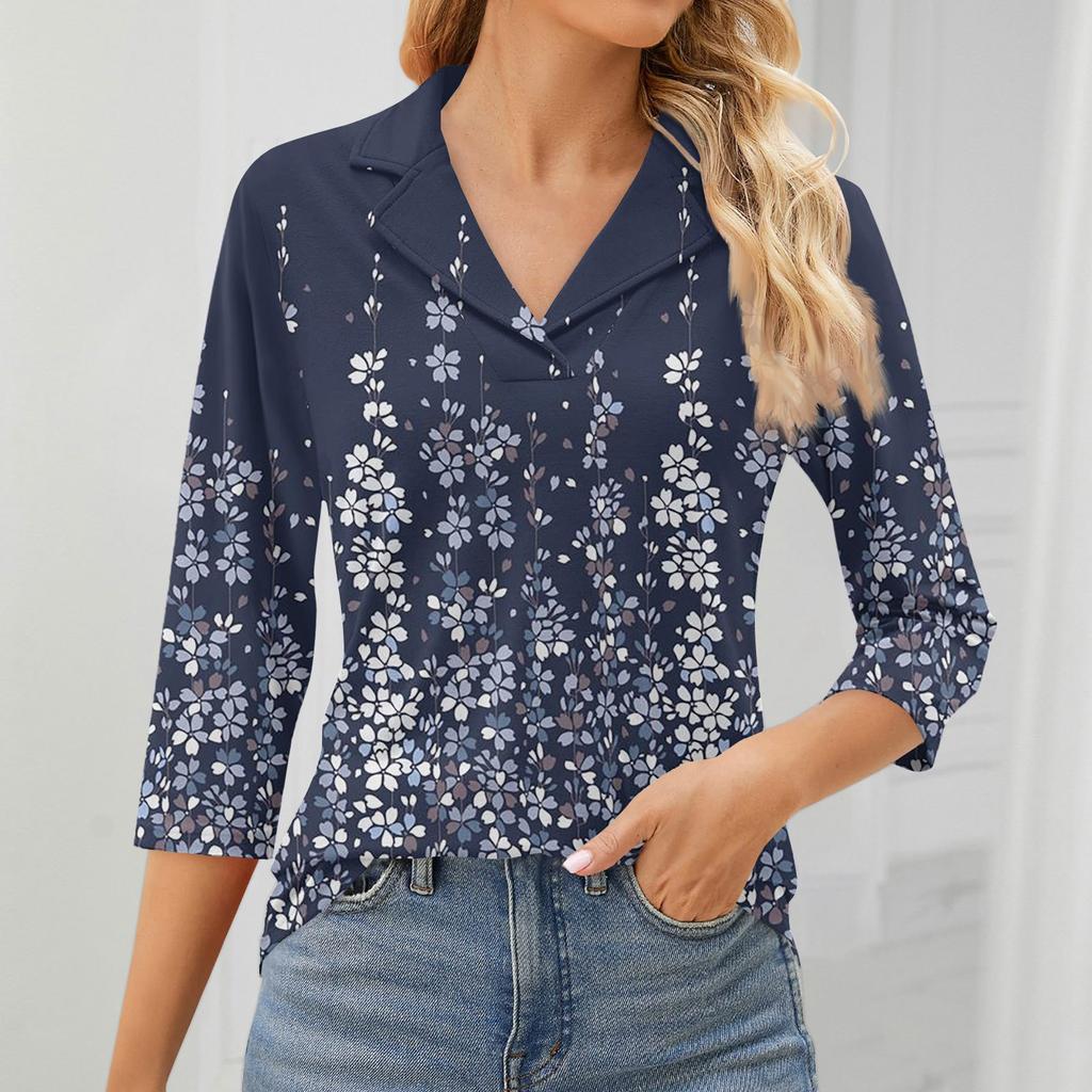 Женский модный топ для отдыха с семиточечным рукавом и V-образным вырезом, со вставками на манжетах и ​​принтом