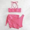 Женский сексуальный раздельный купальник, 3 шт./компл., однотонный плиссированный бюстгальтер с лямкой на шее, высокая талия, купальник на шнуровке, комплект бикини
