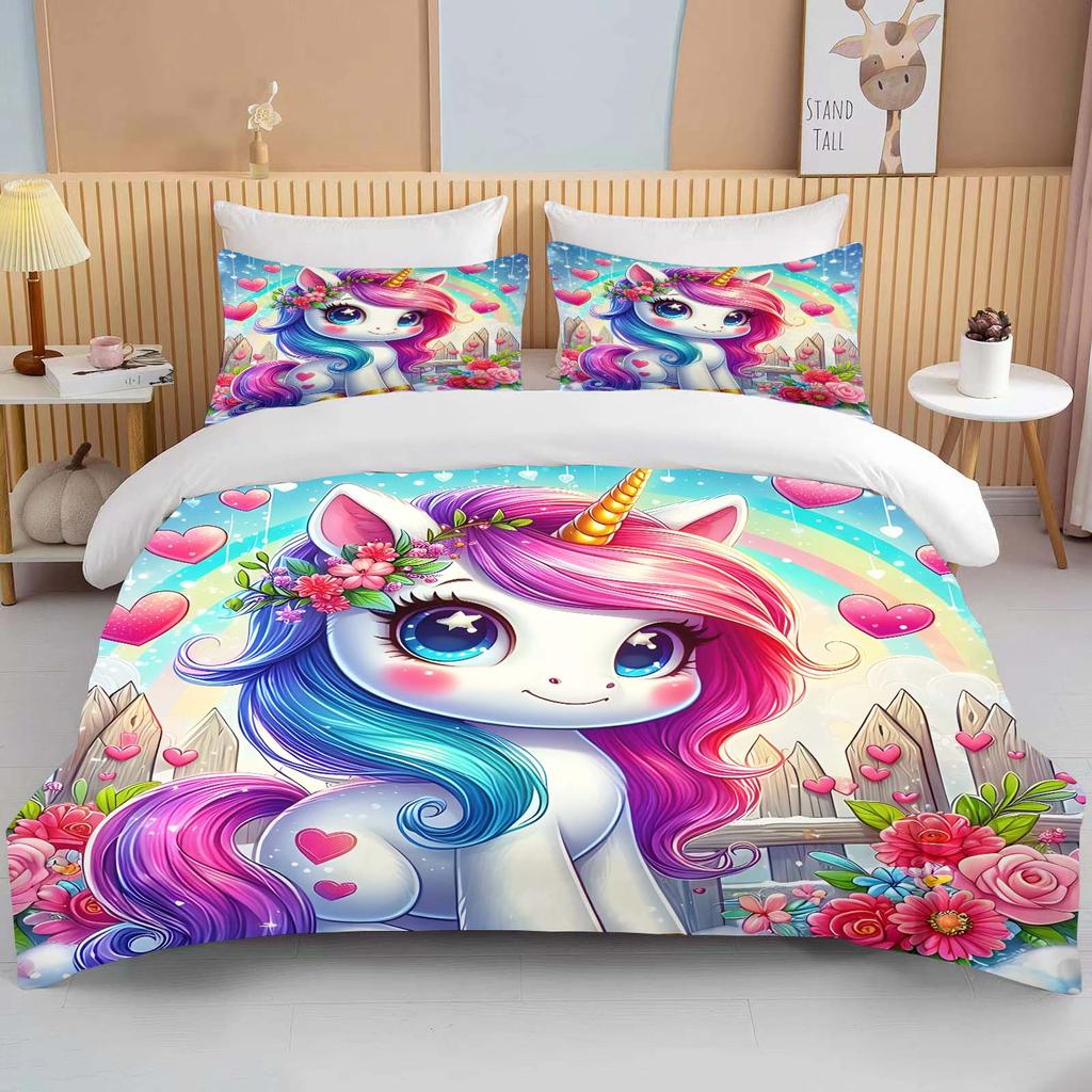 Cute Cartoon Unicorn Print Bedding Set Duvet Cover 1 Duvet Cover 2 Pillowcases Adult and Children Bedding Set Luxury Grils Gift