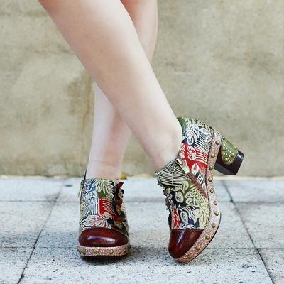 Винтажная женская обувь на высоких каблуках в стиле масляной живописи с цветочным рисунком, туфли без шнуровки из натуральной кожи в стиле ретро с круглым носком