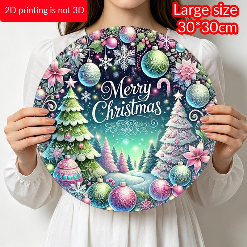 2D Flat, 1pc Vintage Round Aluminum Hanging Sign - Pink/Purple/Green Wreath Center Metal Decoration with "Merry" Text, Durable Indoor/Outdoor Holiday