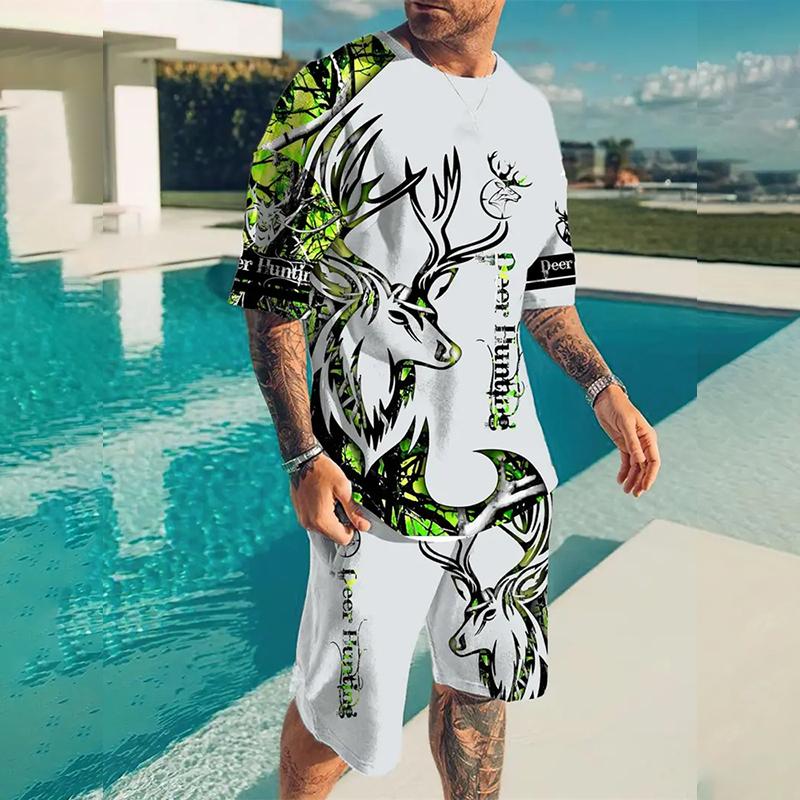 2025 Новый летний мужской спортивный костюм с принтом тигра, повседневный уличный костюм, 3D стерео принт, пляжная одежда, мужская футболка, шорты, комплект из двух предметов