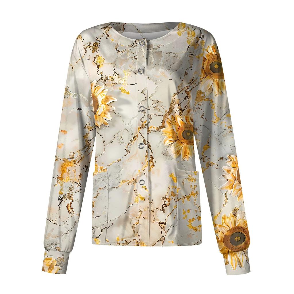 Женский повседневный однобортный однобортный защитная одежда с длинными рукавами и цветочным принтом, кардиган, топ