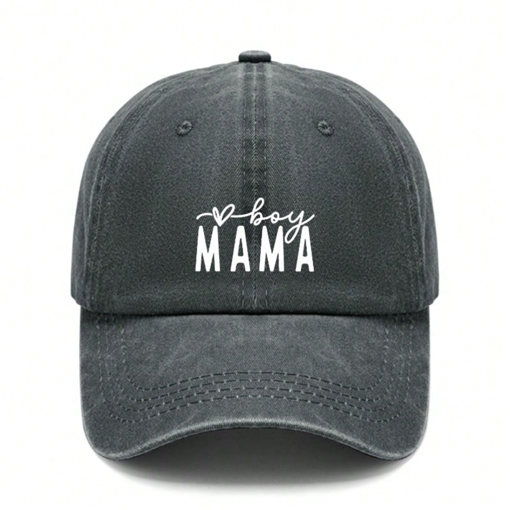 [Mom Baseball Cap] Letter "boy MAMA" Print Dark Gray Adjustable Washed Look Curved Brim Casual Daily Wear Baseball Hat - Dad Hat For Mother's Day Gift