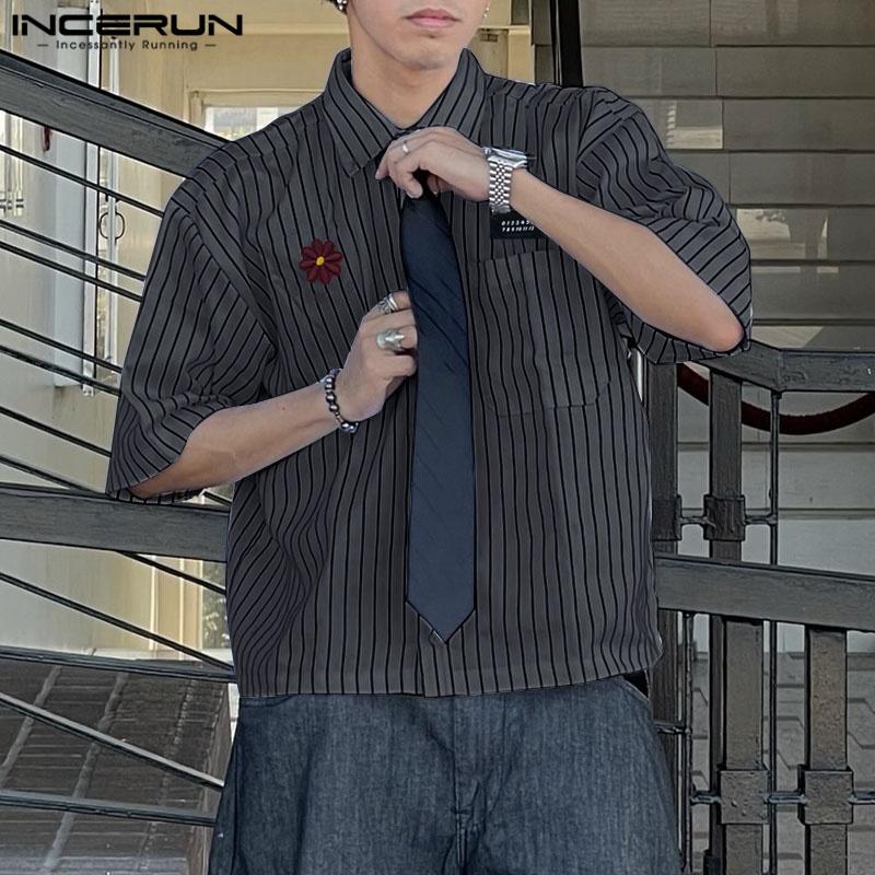INCERUN Большие летние мужские повседневные рубашки с отворотом и коротким рукавом с вышивкой и цветочным принтом в полоску
