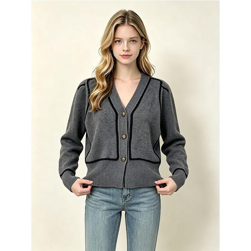 Womens Contrast Trim V-Neck Knit Cardigan Sweater Loose Short Fit Casual Winter Layering Top