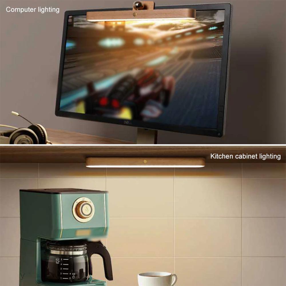 Деревянный беспроводной светодиодный ночник USB перезаряжаемый магнитный зеркальный заполняющий свет сенсорный настенный светильник кухонный шкафчик ночники