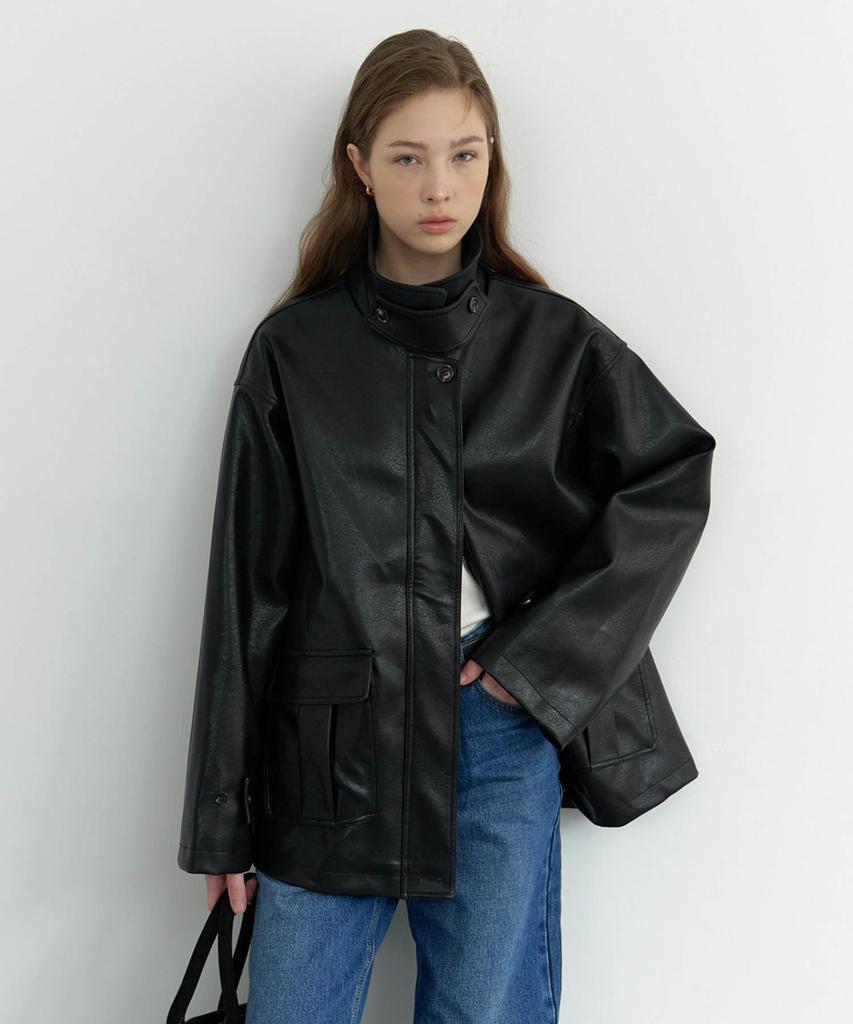 GNOHNOEY Button Leather Half Jacket (Black)