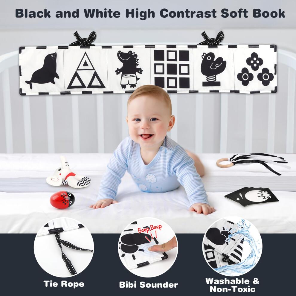 Joyreal Baby Sensory Toys, 13 Pcs Black and White Sensory Toys 0-6 Months, Foil Blanket, Sensory Cards, Baby Rattles, Ribbon Ring, Scarf, Maracas, Ne