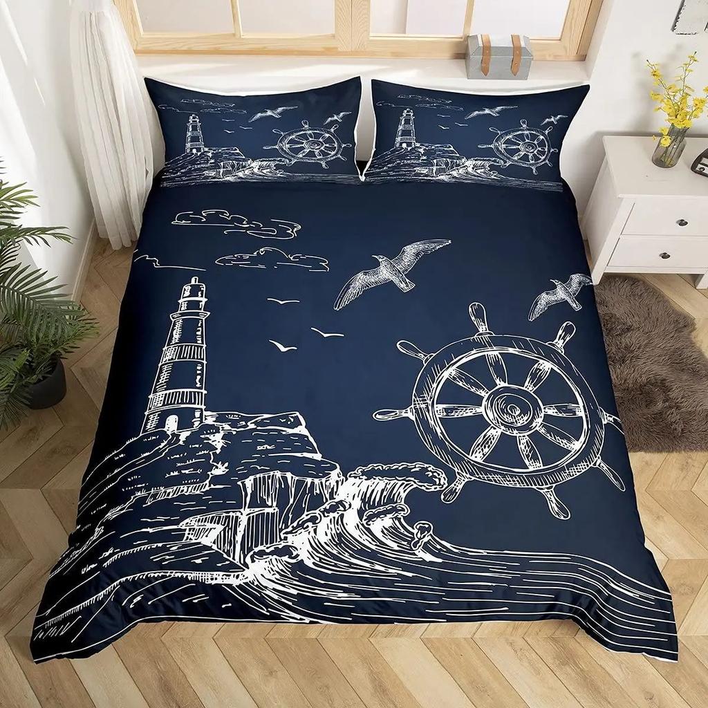 Vintage Nautical Anchor Duvet Cover Set Sailing Lighthouse Bedding Cover With Pillowcase Quilt Cover Three-Piece Set