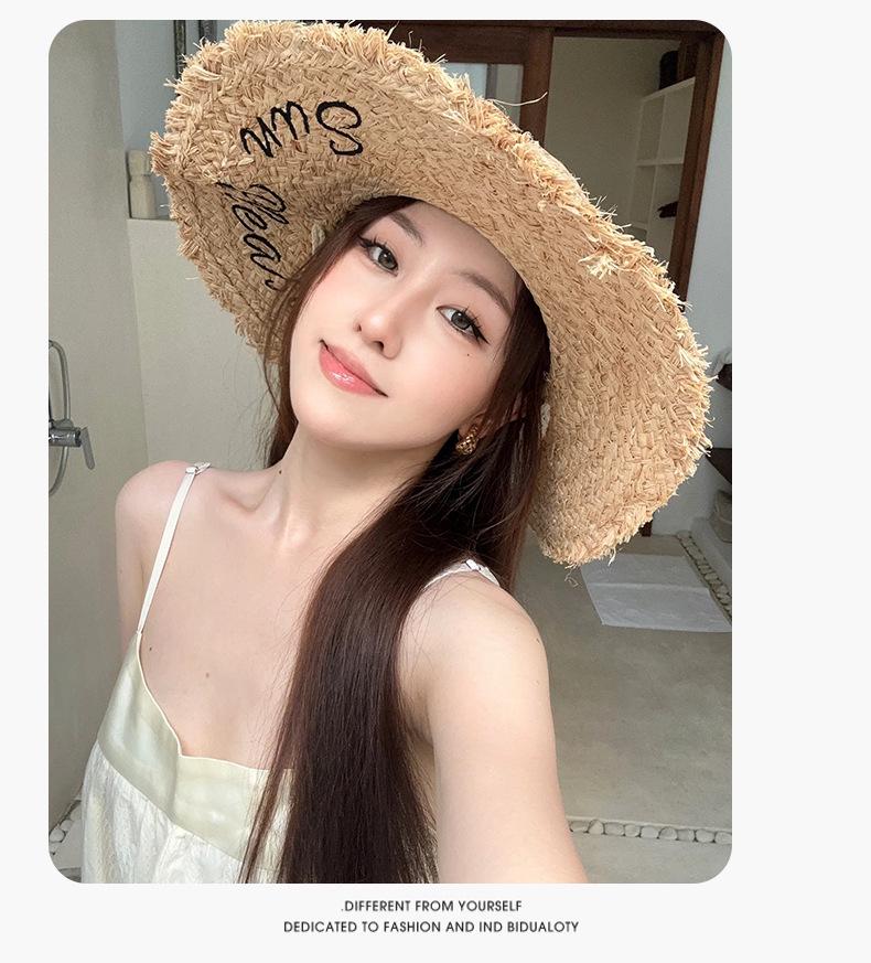 Women's Straw Beach Hat with Frayed Edge and Raffia Tie - Versatile Wide Brim Sun Hat for Summer Seaside Vacations