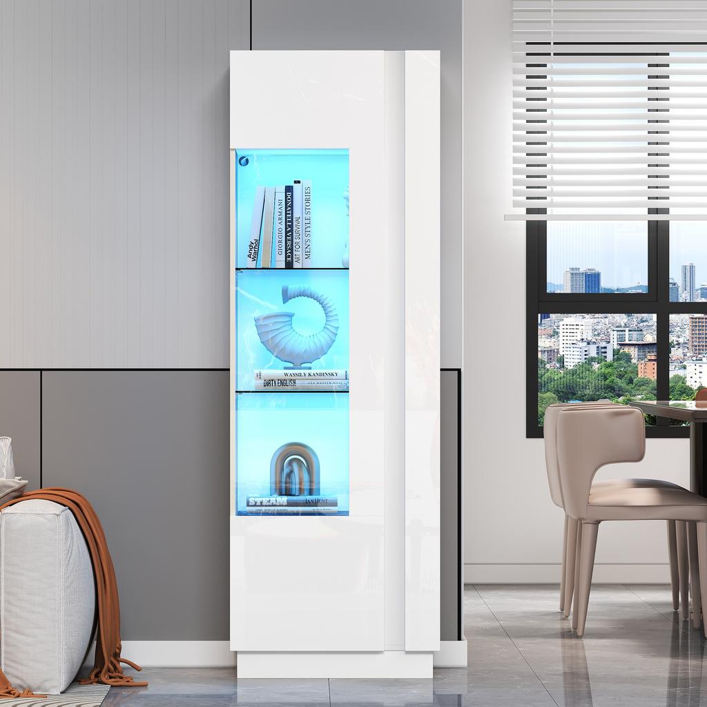 60*40*180cm Cabinet, Display Cabinet with Acrylic Door, High Gloss Storage Cabinet with LED Lighting, 3 Glass Shelves, White