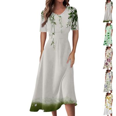 Женская повседневная мода Цветочный (лист)  Платье-халат с принтом, V-образным вырезом, короткими рукавами и длинной юбкой-халат