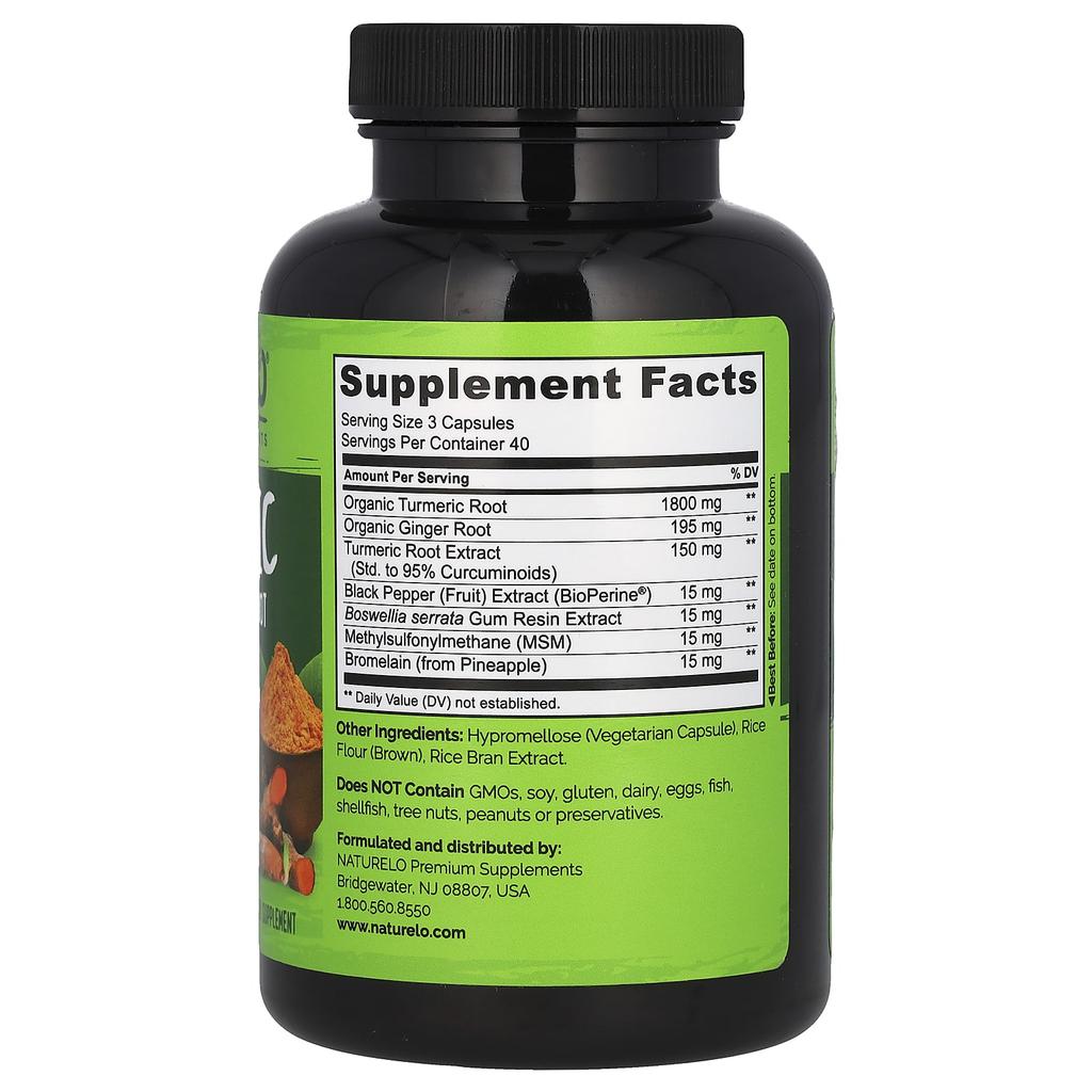 NATURELO With Turmeric Curcumin and Ginger Root, with BioPerine®, 120 Veggie Capsules