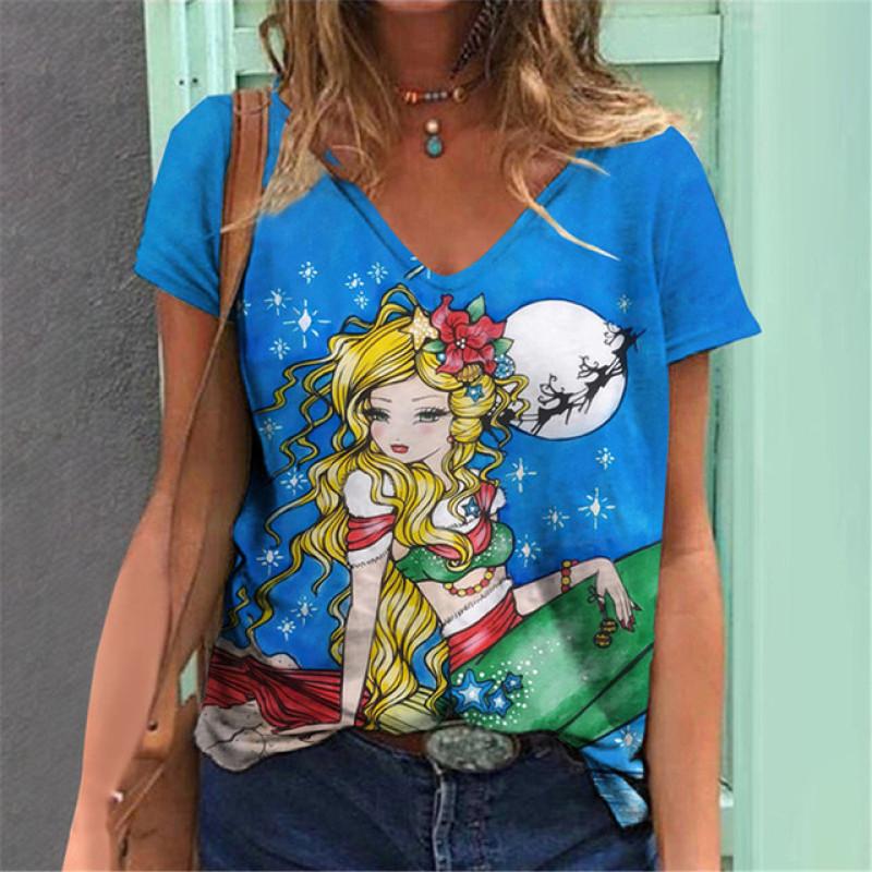Lightweight Mermaid Digital 3D Print T Shirts Women Versatile Pullover Short Sleeve Summer Casual V-Neck Female Harajuka Tops