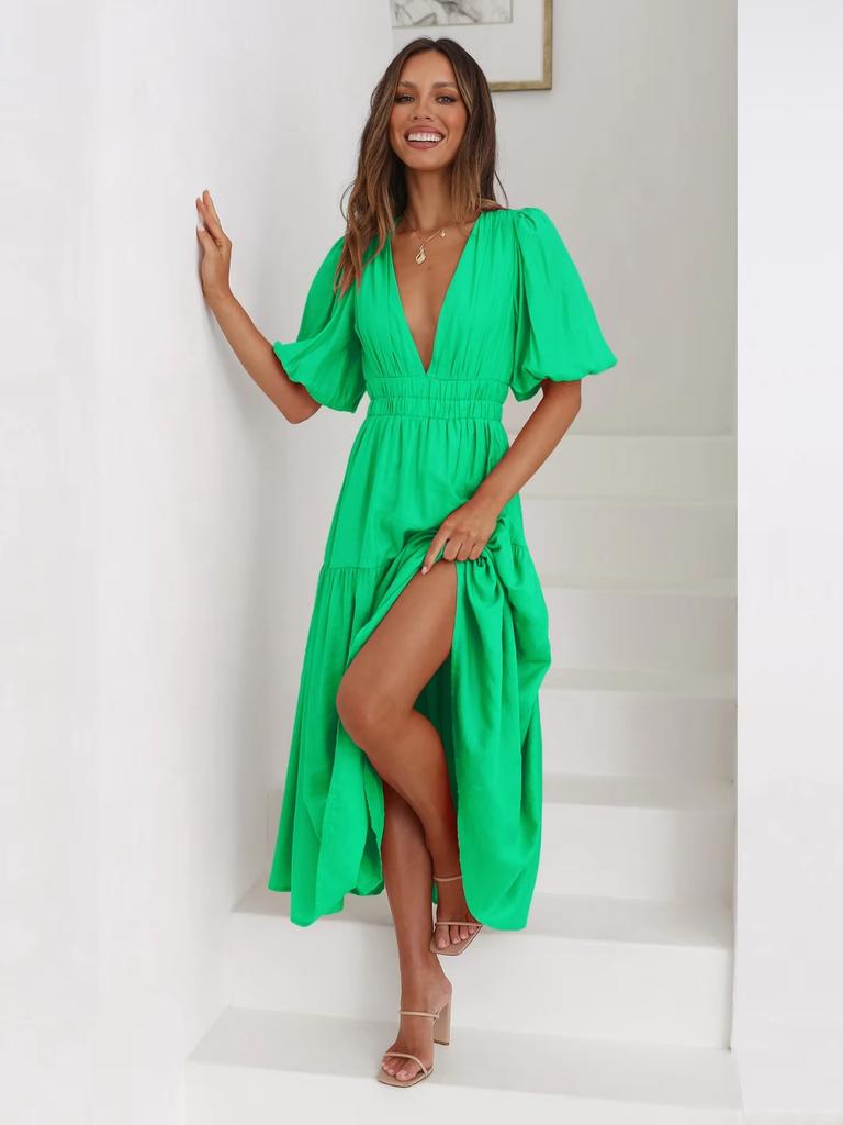 Модное летнее винтажное платье для женщин с рукавами-фонариками и оборками, повседневное платье с V-образным вырезом и высокой талией, сексуальное вечернее миди-пляжное платье