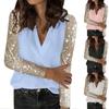 Fashion Womens Sequin Stitching Long Sleeve Sexy Loose V Neck Pullover Shirt