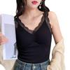 Women Vest V-Neck Sleeveless Padded Underwear Vest Solid Color Lace Trim Elastic Bottom Vest Winter Daily Wear