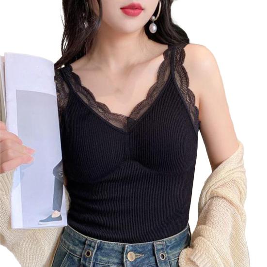 Women Vest V-Neck Sleeveless Padded Underwear Vest Solid Color Lace Trim Elastic Bottom Vest Winter Daily Wear