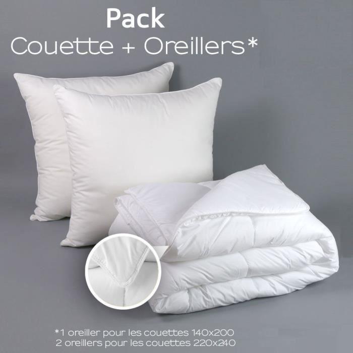 Couette Blanche 220 x 240 cm + 2 oreillers 60 x 60 cm (2 personnes) 450 gr/m² "Fabrication Française"