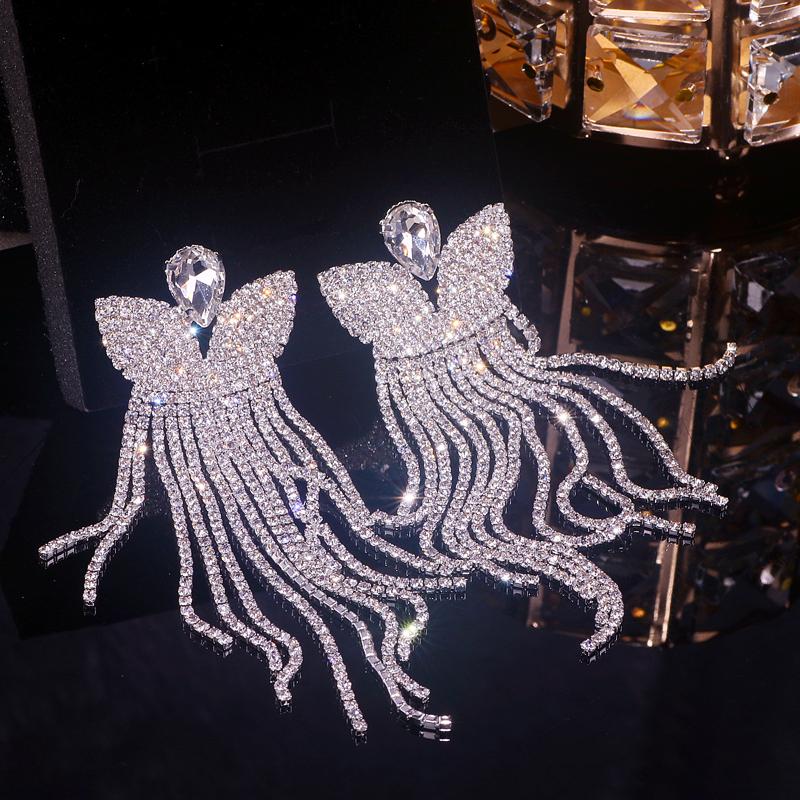 Элегантные женские серьги-подвески со стразами и кристаллами, серебристые длинные серьги с кисточками для женщин, большие свадебные серьги, ювелирные изделия