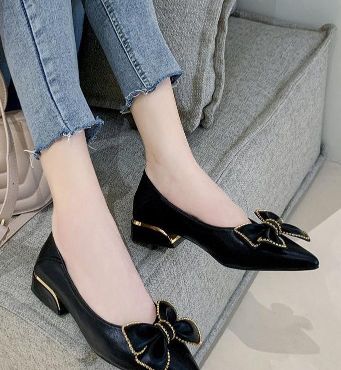 Shoes for Woman 2026 Office Women's Summer Footwear with Bow Low Heel Elegant Pointed Toe Black Casual E on Offer Shoe Y2k Sale