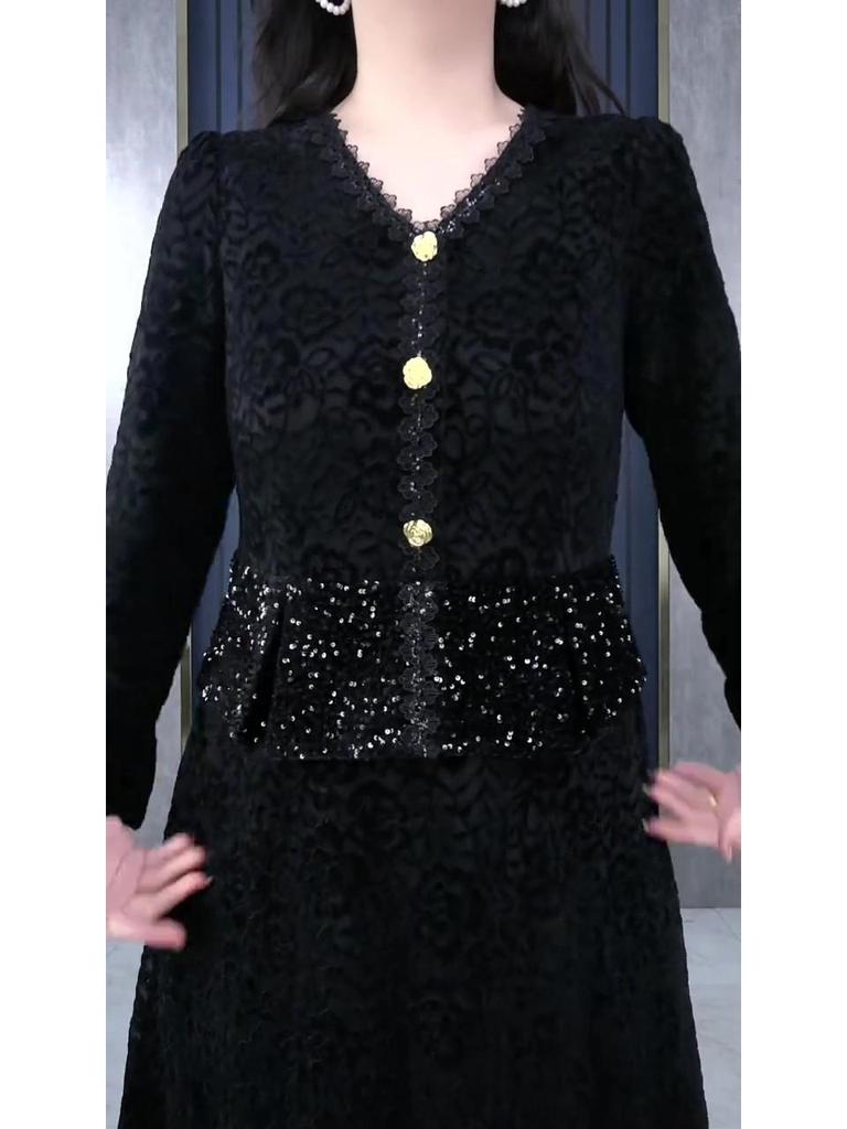 Spring Luxury Sequin Lace Velvet Embroidered Casual Dress for Plus-Size Women