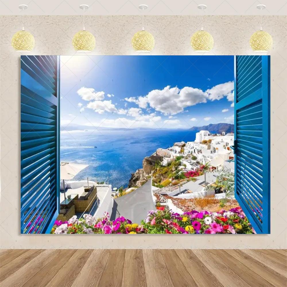 Nordic Greek Landscape Home Party Decorations Santorini Island Town Blue Dome Church Santorini Aegean Sea Photography Backdrop