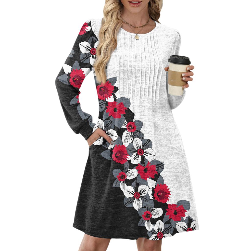 Женское повседневное платье с длинным рукавом, плиссировкой, круглым вырезом, винтажным цветочным принтом и карманами