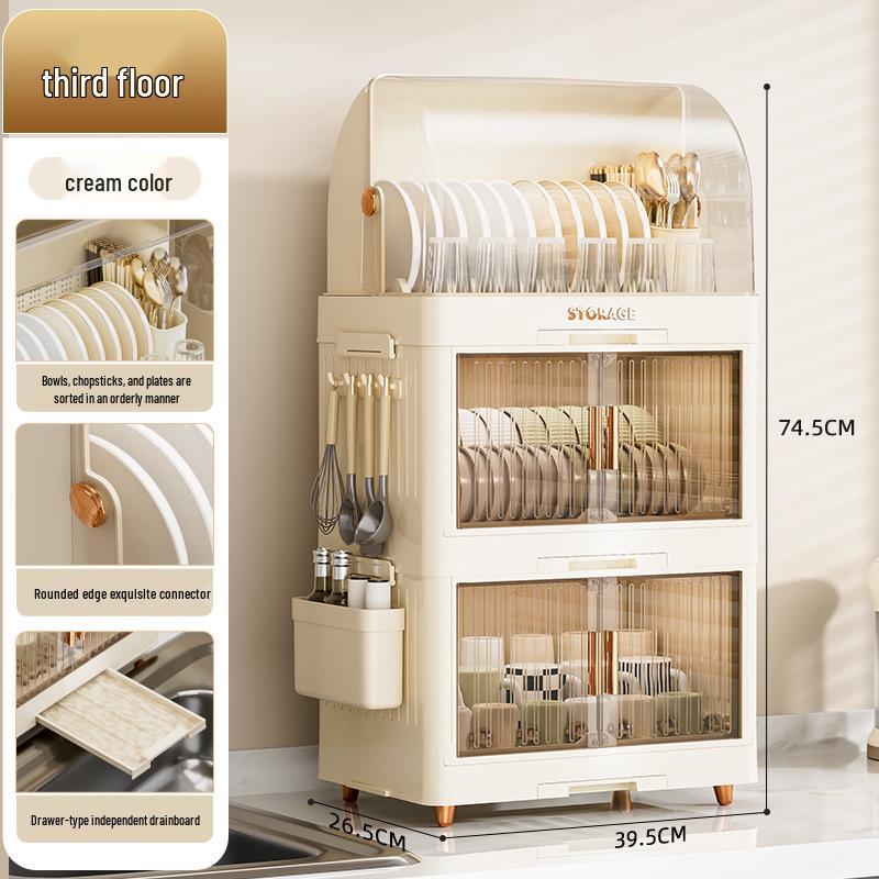 Foldable Multi-Layer Plastic Storage Cabinet with Lid - Organize Bowls, Plates, Baby Bottles, and Cups Dust-Free