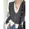 Gray Fake Two Pieces Inner wear Knit cardigan Women 2024 Spring and Autumn Small V-neck Base Top Sweater Outerwear