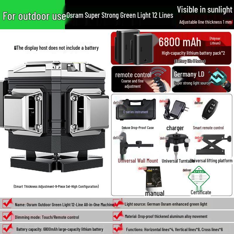 12-линейный зеленый лазерный уровень: Высокоточный, Сильный Свет, Инфракрасное Автоматическое Выравнивание для Стен и Полов