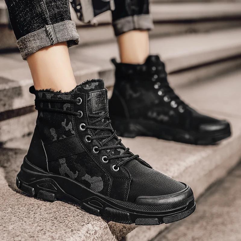 Winter New Men's Camouflage Boots Trendy Casual Retro Desert High Quality Plush Middle Top Motorcycle Outdoor Hiking Work Shoes