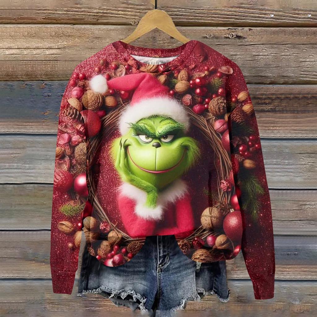 Women's Fashion Christmas Printed Long Sleeve Loose Round Neck Sweatshirt Top