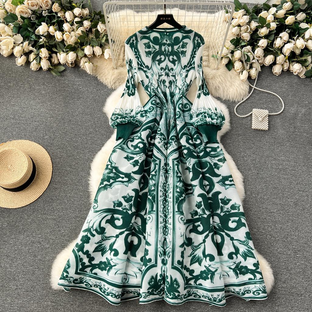French Senior Temperament Luxury Dress Ladies 2024 Newest O-Neck Ruched Print Tie Dye Design Fashion Chic Long Dress