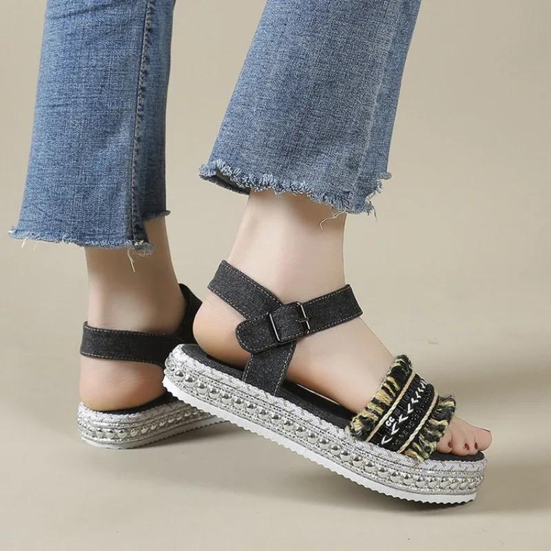 Women Shoes 2024 New Summer Sandals Large Size Thick Sole Sandals Buckle Hemp Rope Flat Bottom Women Shoes Platform