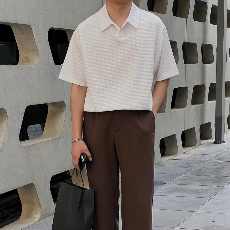 Летняя одежда, новая рубашка поло с короткими рукавами, мужская свободная футболка с лацканами, текстурированная корейская версия, повседневный топ с короткими рукавами