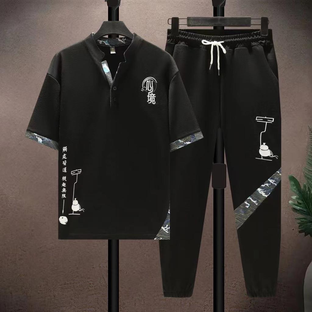 Summer Men's Chinese Retro Style Ice Silk Cool Loose Set Short Sleeved Long Pants Casual Sports Fashion Two Piece Set