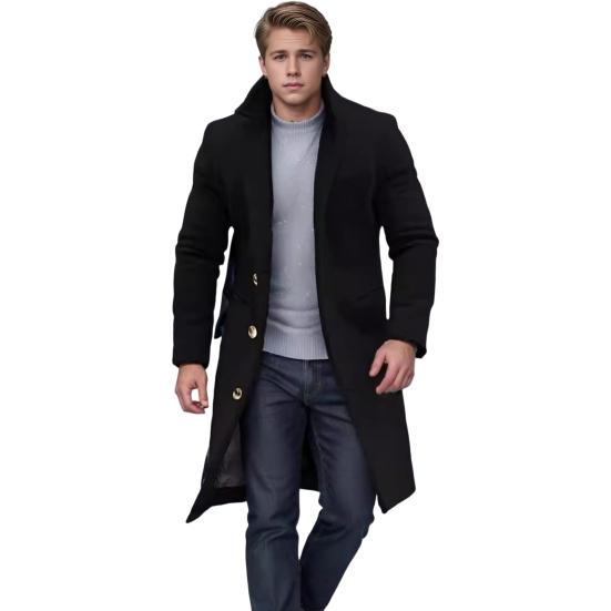 Мужское шерстяное пальто с лацканами, длинный рукав, однобортная куртка, пальто с карманами, однотонный цвет