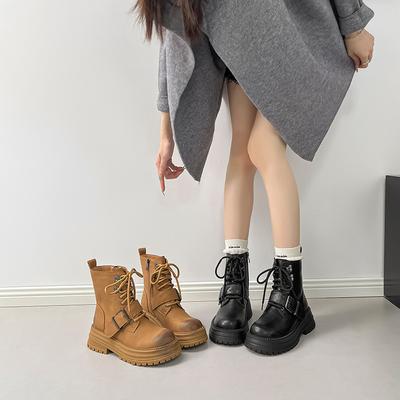 Женские ботинки Мартин в британском стиле 2025 осень и зима новые полированные на толстой подошве на шнуровке с ремешком-пряжкой рабочие короткие ботинки женские ботинки-локомотивы