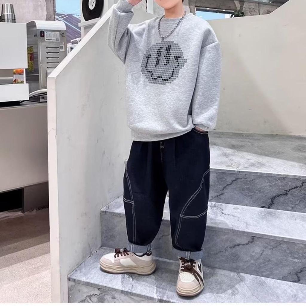 2024 Толстовка с длинным рукавом с принтом смайлика для мальчиков - Весенне-осенний стиль для больших и средних детей