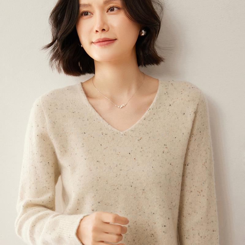 Новый роскошный свитер из 100% чистой шерсти с цветочным узором - женский корейский с V-образным вырезом, плотная и свободная вязка