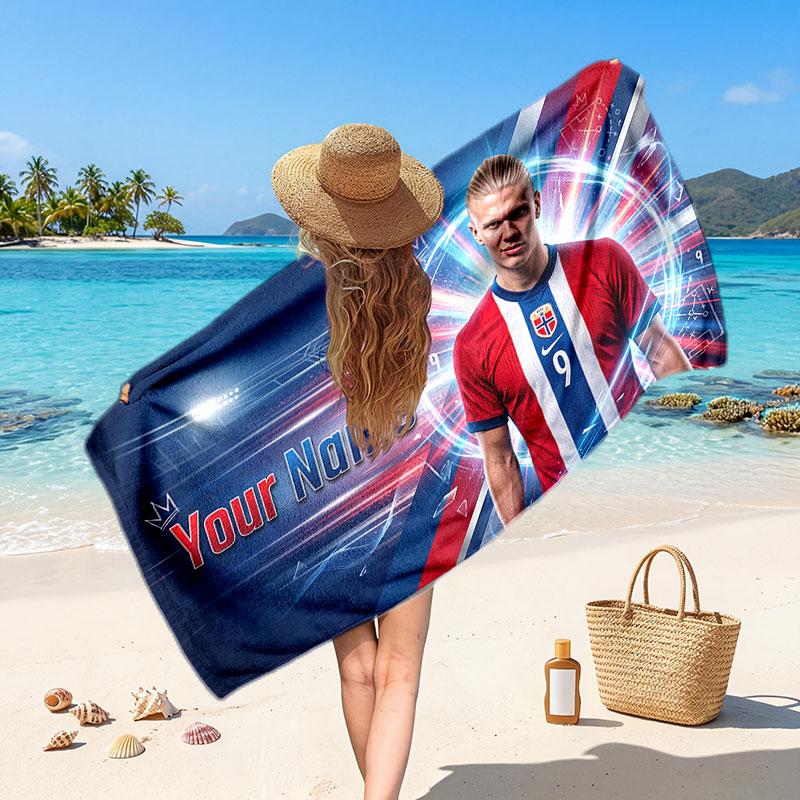 Erling Haaland Custom Beach Towel, Personalized Name Text Print, Football Logo Soft Quick‑Dry Towel Holiday Gift