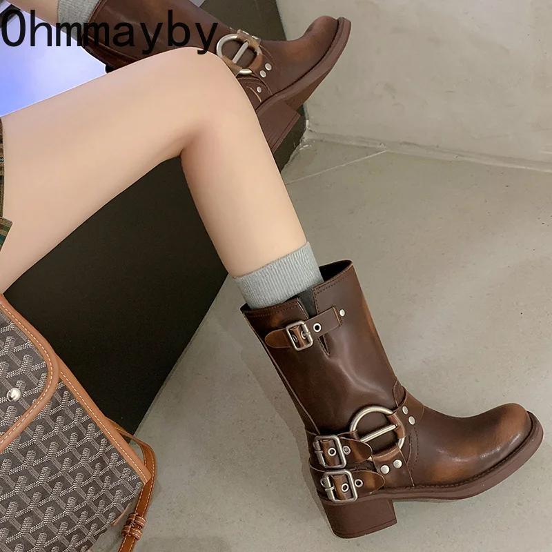 Fashion Retro Style Women Western Cowgirl Short Boots Fashion Belt Buckle Square Heel Shoes Autumn Winter Ladies Ankle Booties